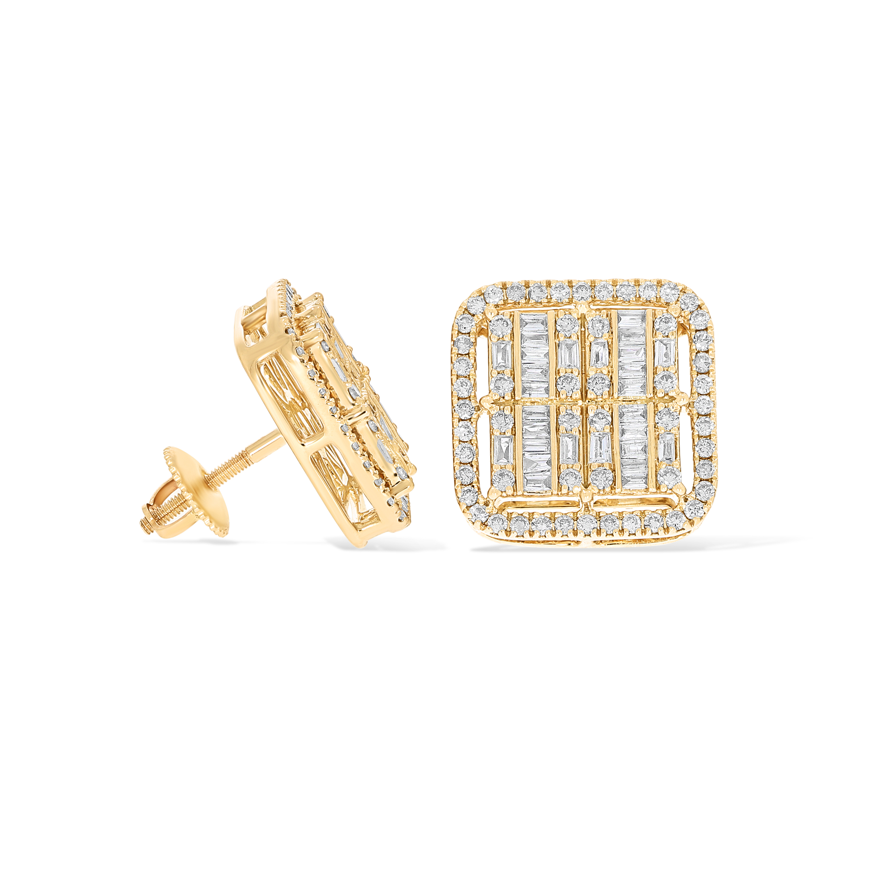 Rounded Square Baguette Diamond Earrings 1.32 ct. 14k Yellow Gold